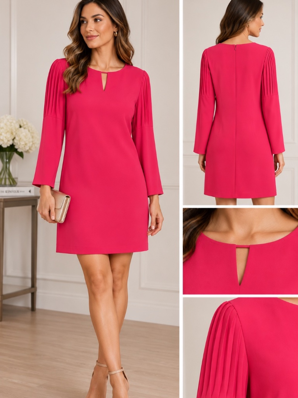 Ann Taylor 12 Fuchsia Pink Pleated Sleeve Shift Dress Wedding Guest Holiday Work